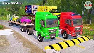 Double Flatbed Trailer Truck vs speed bumps|Busses vs speed bumps|Beamng Drive|835
