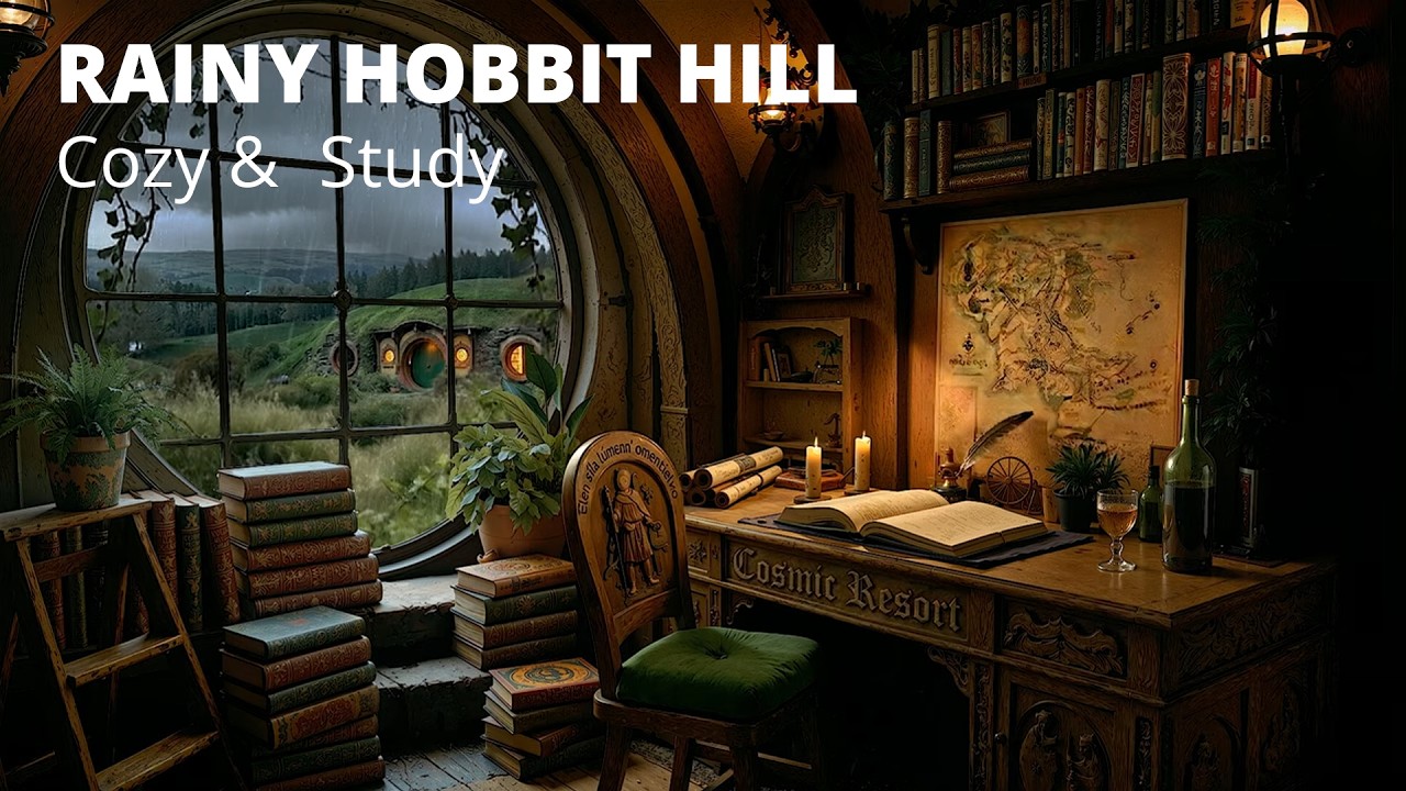 Hobbit Hill Rain Study Room 🌧️ Cozy Fireplace for Focus & Relax