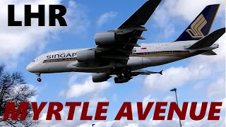 PLANESPOTTING LANDINGS AT LONDON HEATHROW MYRTLE AVENUE RWY 27L (3 a380s, 747-400F)