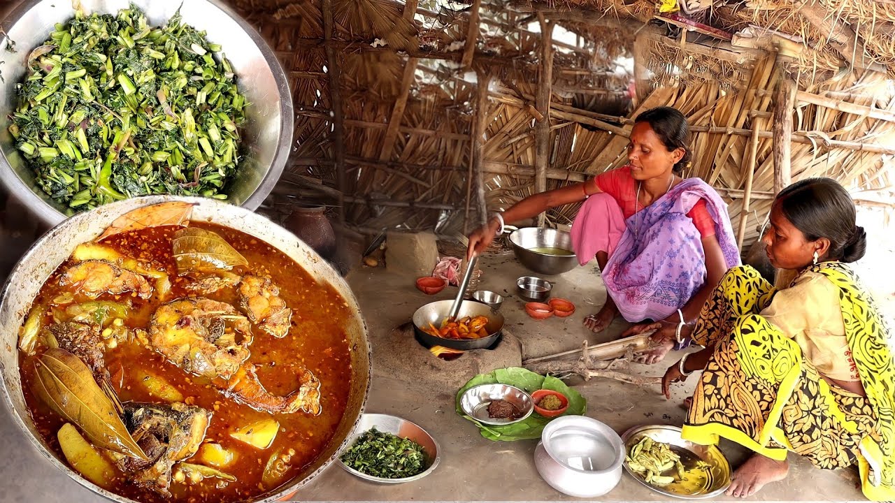 rohu fish curry with vegetables & water spinach fry cooking by our santali tribe women||rural In