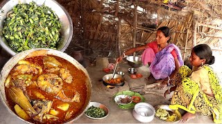 rohu fish curry with vegetables & water spinach fry cooking by our santali tribe women||rural India