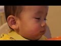 お約束の赤ちゃん食べながら居眠り Sleeping cute baby in having lunch with mouse full