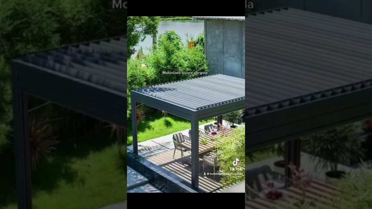 Custom motorized louvre roof pergola with led light and wind/rain sensor+windproof curtain