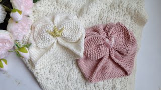картинка: Шапочка чалма спицами. Тюрбан для новорождённых.