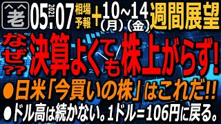 【相場天気予報&週間相場展望】NYダウは連日のように高値更新だが日経は上値が重い。好決算でも下落する銘柄が多い。なぜか?この傾向は続くのか?チャートで読み解く。為替はまた円高に。ラジオヤジの相場解説。