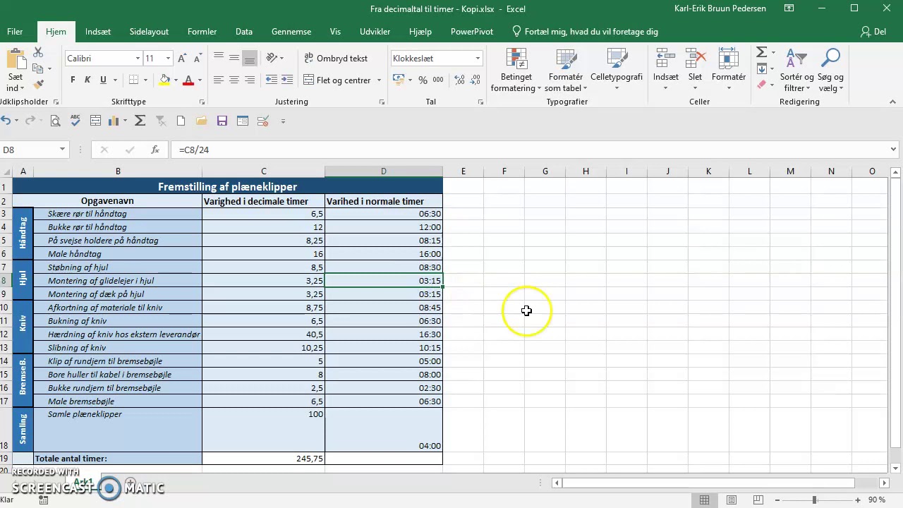Excel - Decimal timer til normale timer + sammen -