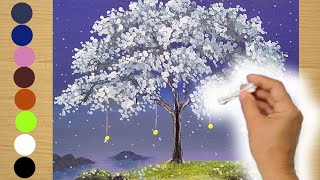 How to Paint Tree Easy whit Cotton Swabs/ Acrylic Painting Landscape on Canvas for Begnners