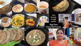 no fermentation dosa +Breakfast & Dinner, Ragi Dosa,Chana Dal Chutney, Alu Tamatar ki Sabji, Paratha