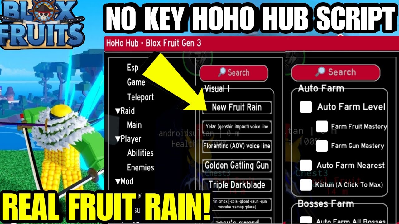 Script Blox Fruit No Key FRUIT RAIN & AUTO FARM, HOHO HUB V3, MOBILE/PC, AUTO RAID