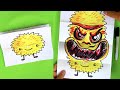 How to draw Cute Folding Surprise Monster. Yellow Fuzzy - postcard