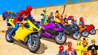 HOMEM ARANHA e Amigos SUPER-HEROIS com MOTOS Saltos e Quedas Engraçadas Mega Jump #1 - GTA V