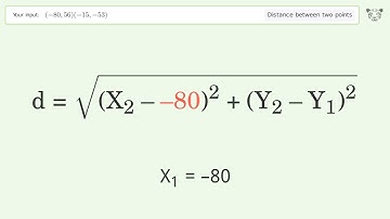Find the distance between two points p1 (-80,56) and p2 (-15,-53): Step-by-Step Video Solution