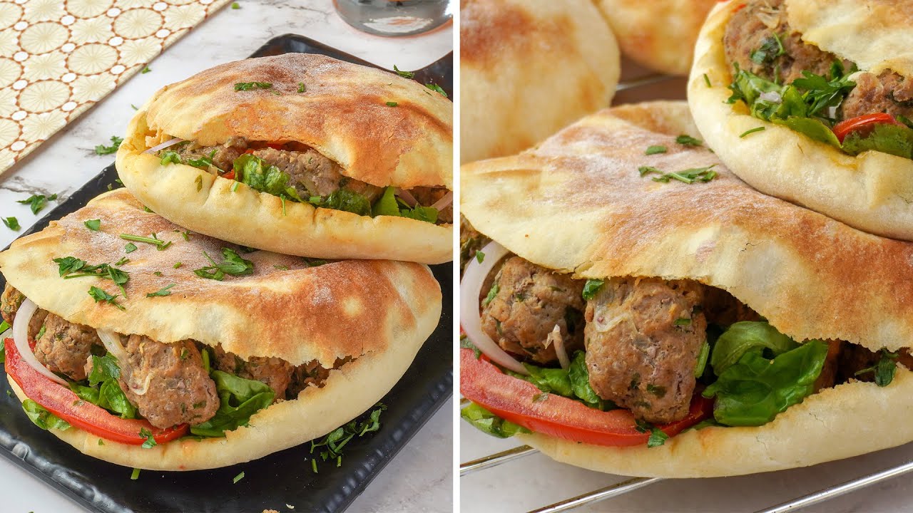 سندويش دونر كباب بالكفتة - مع طريقة عمل الخبز و الكفتة بنكهة الشواء