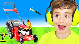 Lawn mower Weed eater &amp; Fire trucks for Kids | Blippi Toy Tool set | minminplaytime