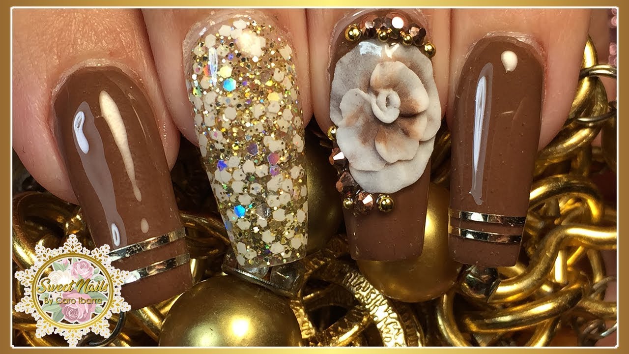 UÑAS ACRILICAS CAFE CON DORADO Y Flor en 3D | Coffee Nail Design - thptnganamst.edu.vn