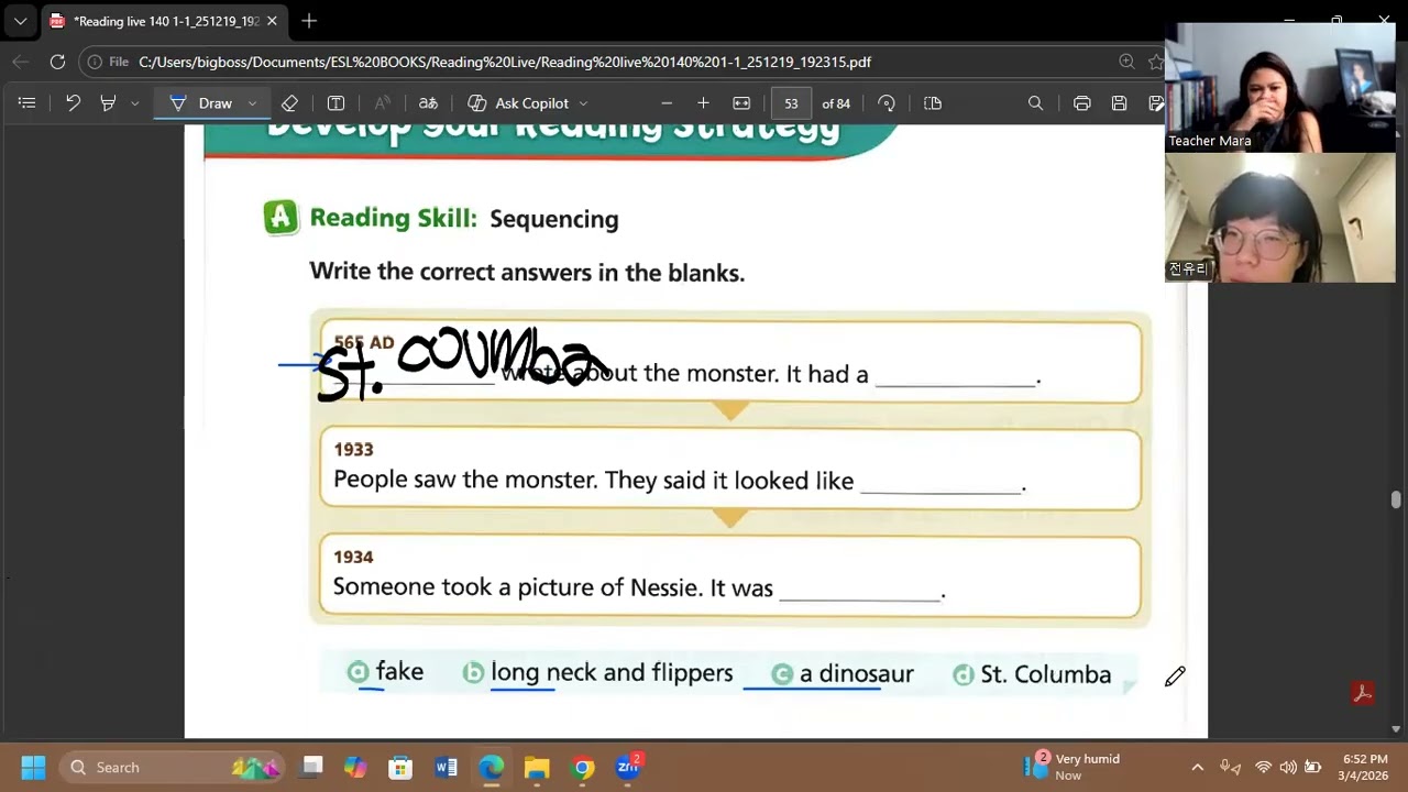 Yu-ri's class on 3 4 2026 Reading Live 140 p. 56