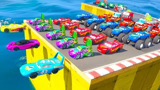 Cars Spiderman SuperRamp GTA 5 Monster McQueen Truck Jumping into water with superheroes