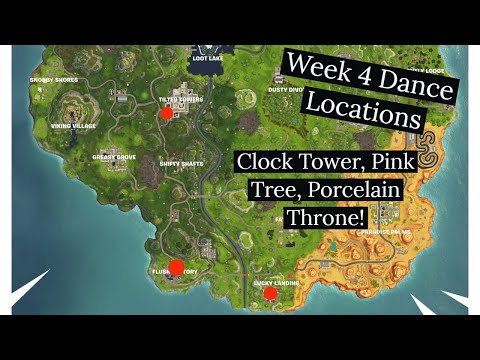 Video: Fortnite Clock Tower, Pink Tree Og Gigantiske Porcelænstrone Placeringer