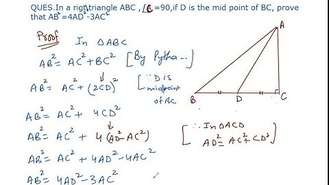In a right angled Triangle ABC angle C=90 ,if D is the mid point of BC prove that AB2= 4AD2-3AC2