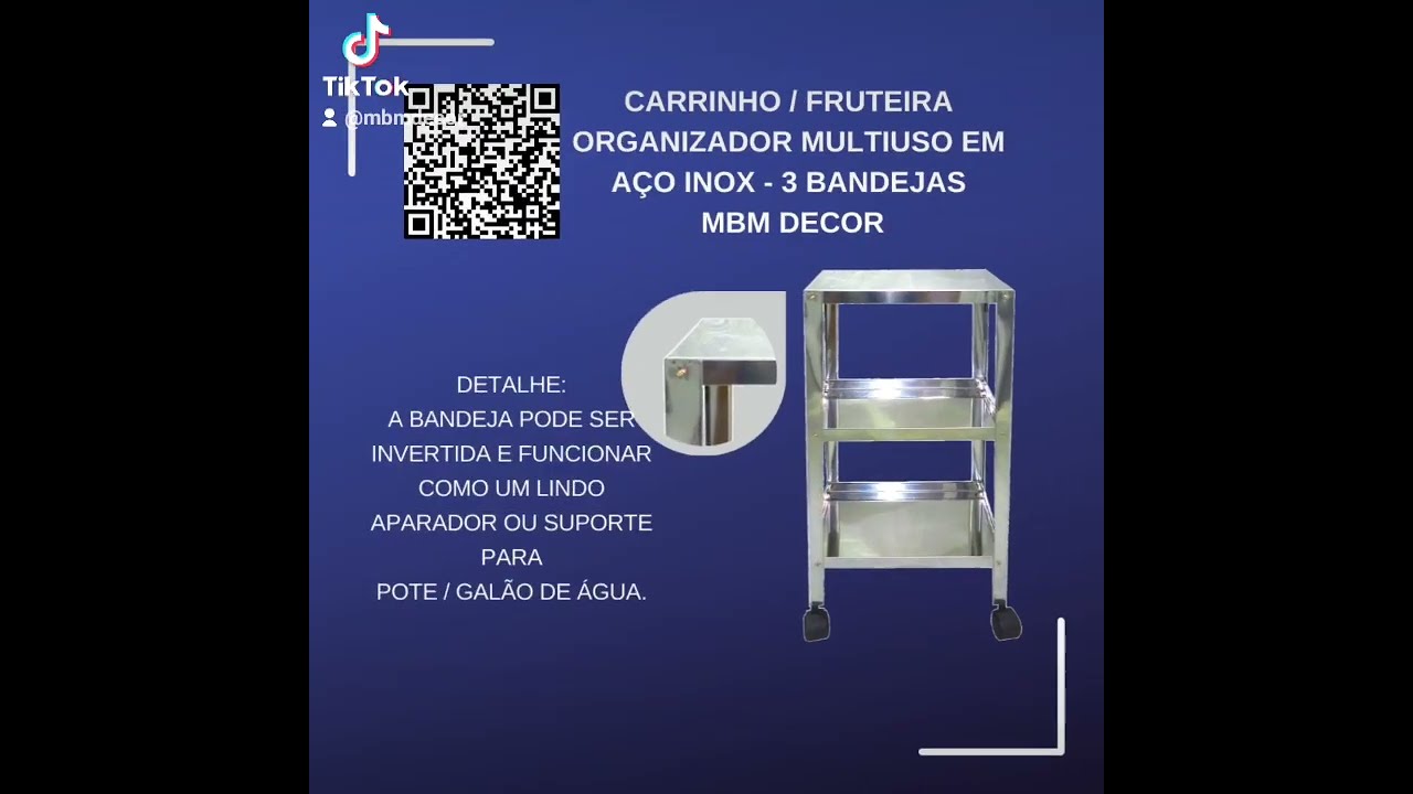 CARRINHO / FRUTEIRA INOX - 3 BANDEJAS - MBM DECOR.