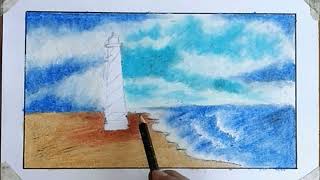 How to draw light house scenery | beautiful ocean scenery with oil pastel step by step for beginners