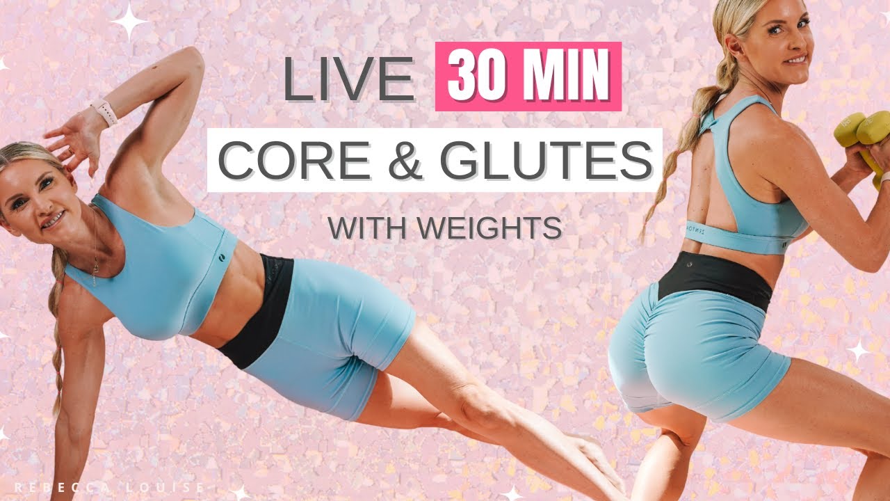 30 MIN CORE & GLUTES LIVE (all levels) at home workout with WEIGHTS 🔥