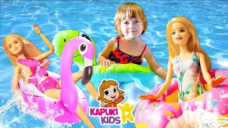 Kids play dolls & Barbie toys at the swimming pool - Kid friendly videos for kids