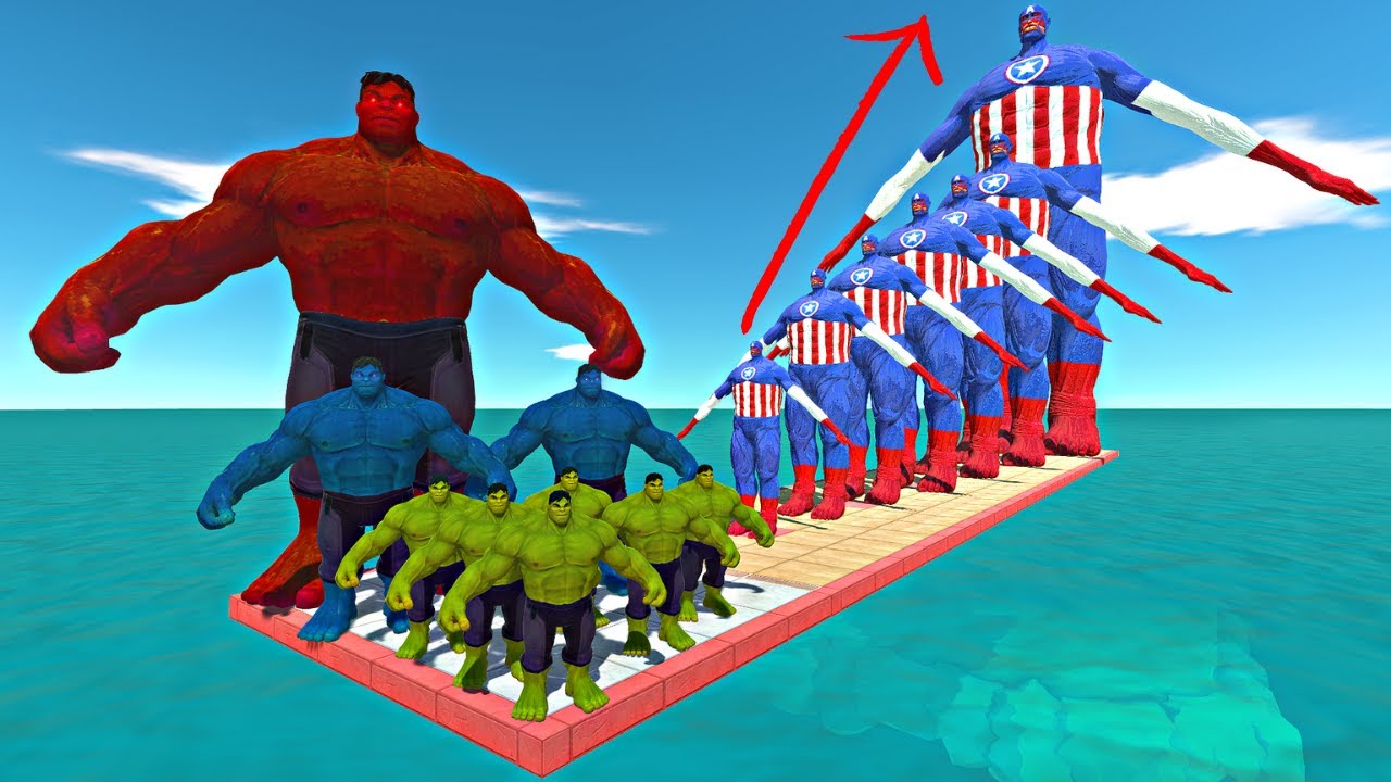 Hulk Team vs 7 Levels of Captain America Colossal Titan - Animal Revolt Battle Simulator
