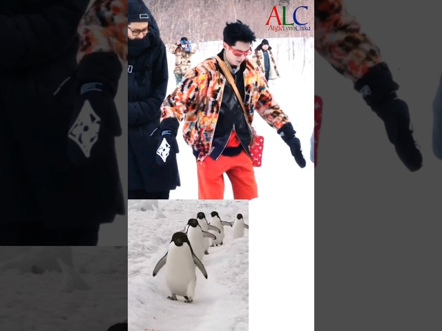 Dylan Wang walks like a penguin while walking in the snow for Run for Time recording class=