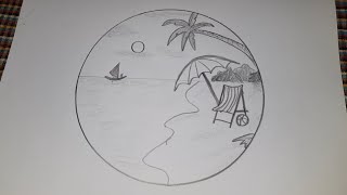 The scenery in the circle,easy pencil drawing the seaside with coconut tree - Circle Draw