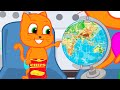 Cats family in english  travel globe cartoon for kids