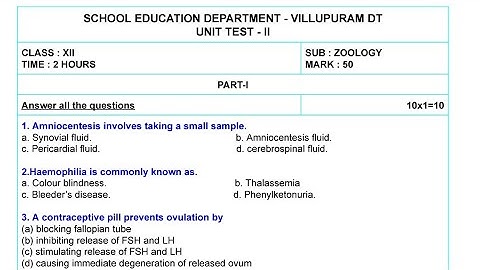 12th EM Zoology unit 2 question paper| Bio Zoology important questions