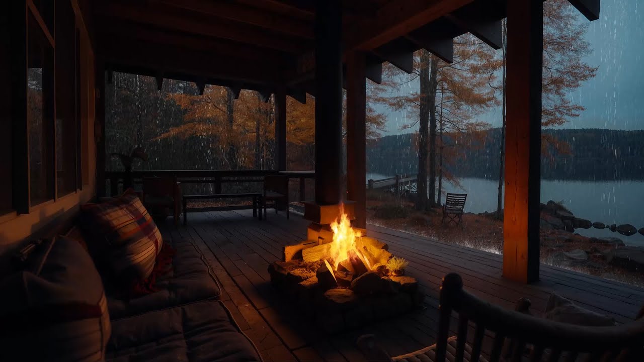 Crackling Fireplace and Rain | Cozy Cabin Porch Sounds for Relaxation ...