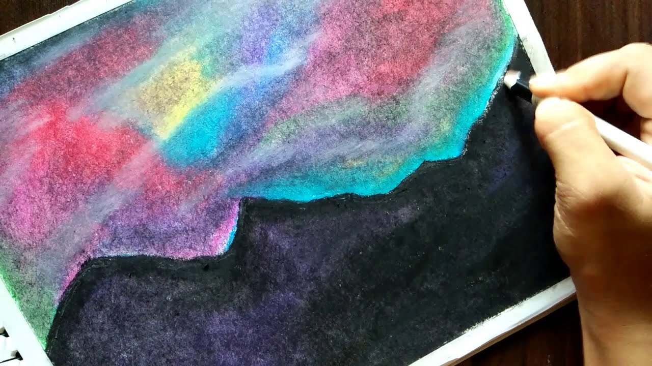 Aurora Night Sky Drawing with oil pastels (Aurora borealis), Dreamy