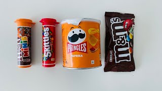 Yummy M&M’s, candy and Chocolate coins in Pringles container,Skittles. ASMR video