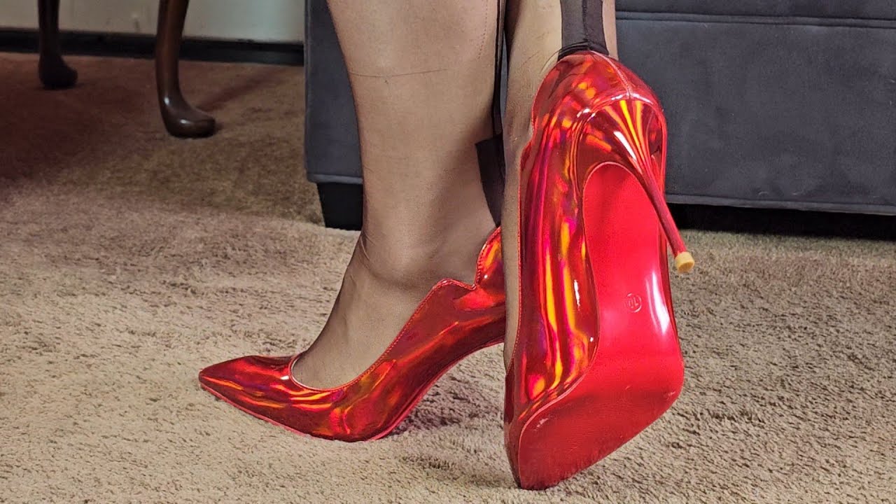 Lustrous Red High Heels Chocolate Brown Fully Fashioned Stockings