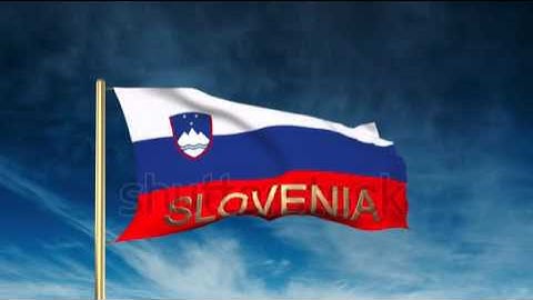 Slovenia flag slider style with title. Waving in the wind with cloud background animation Stock