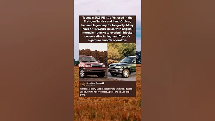 Toyota's 2UZ-FE 4.7L V8, used in the first-gen Tundra and Land Cruiser, became legendary for