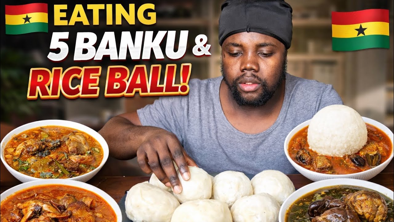 Eating five Ghanaian food banku and two rice ball 