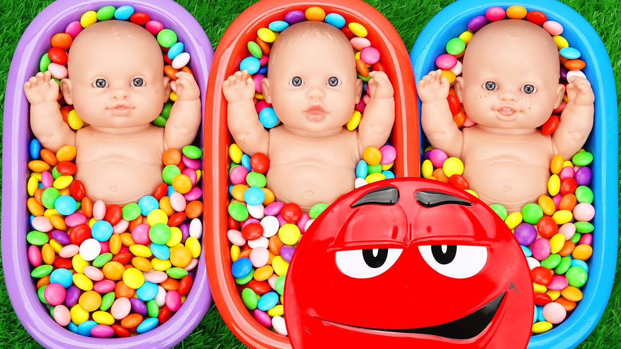 Full of 3 Rainbow BathTubs Candy with M&M's & Magic Slime Cutting Video