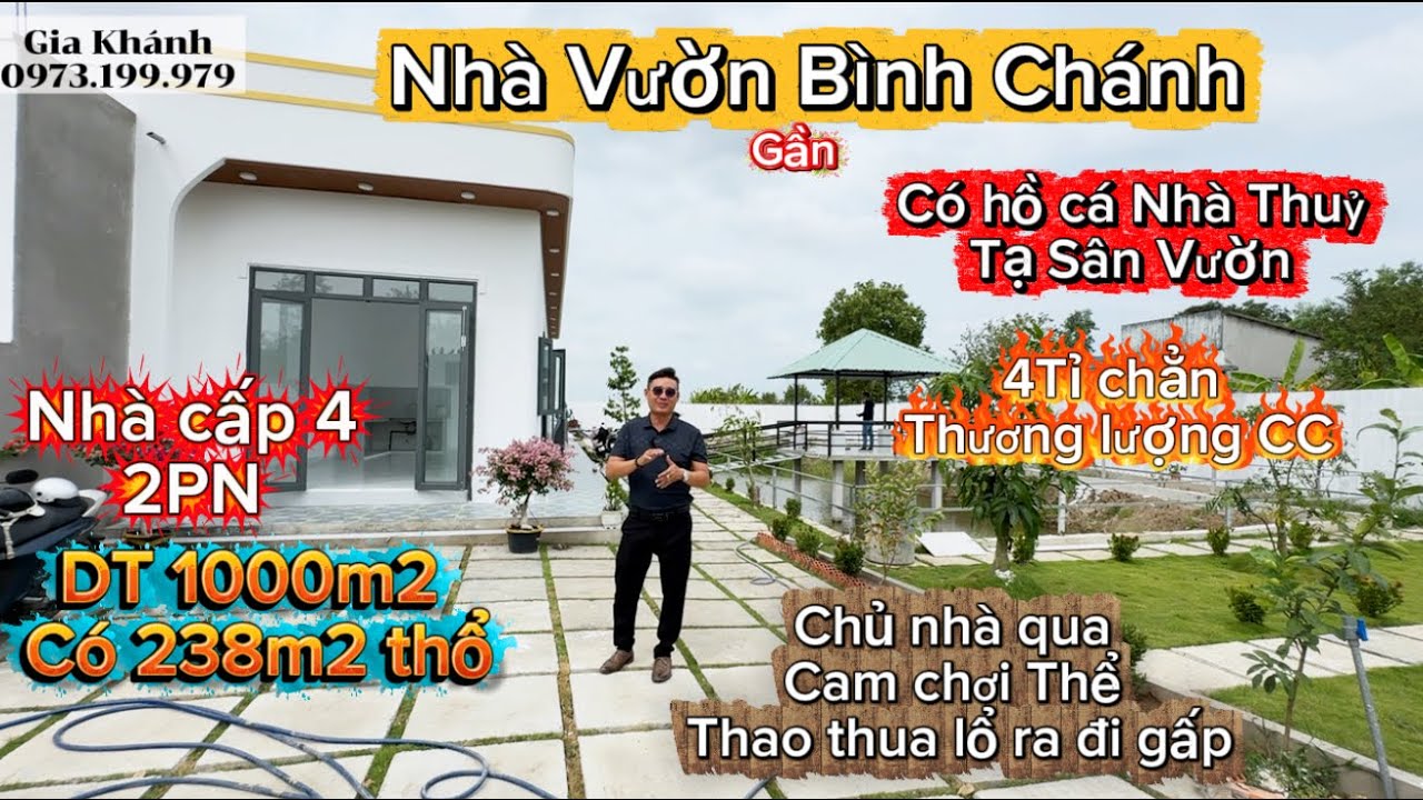 Nhà vườn long an 900m2 có 238 thổ nhà hoàn công có ao cá sân vườn giá tổng 4tỉ TLCC . Gần chợ Gò đen