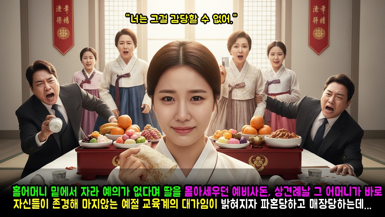 홀어머니 밑에서 자라 예의가 없다며 딸을 몰아세우던 예비사돈, 상견례날 그 어머니가 바로 자신들이 존경해 마지않는 예절 교육계의 대가임이 밝혀지자 파혼당하고 매장당하는데...