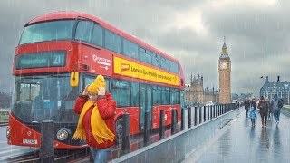 London Sleet & Rain Walk - London Eye, Big Ben, Mayfair, Soho & West End - 4K 60FPS