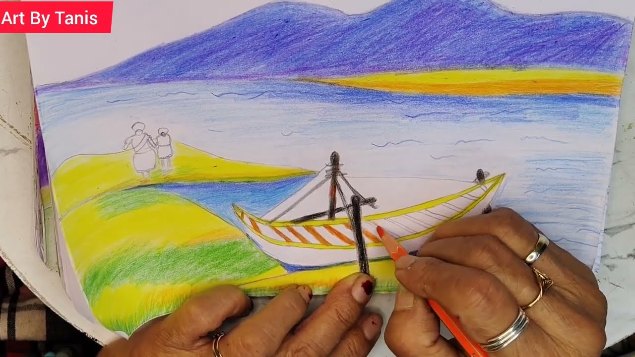Mountain Village Scenery Drawing With Colour Pencil|River & Boat Landscape Drawing Step by Step|