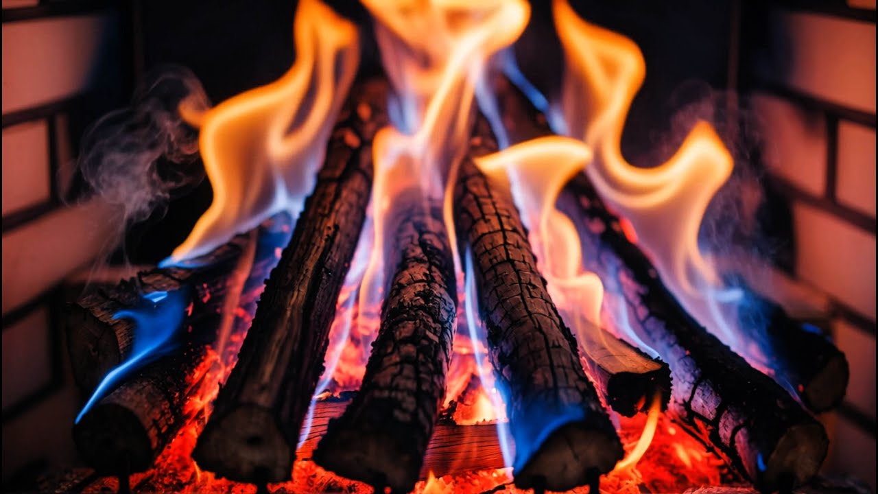 Peaceful Evenings & Cozy Fireplace Flames – Fireplace with Blue & Orange Fire Above Glowing Embers