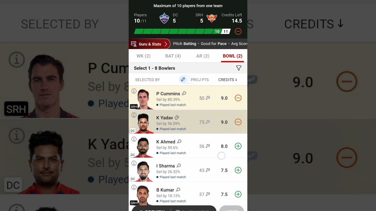 DC V/S SRH DREAM 11 TEAM 💯 WINNINGS GL TEAM