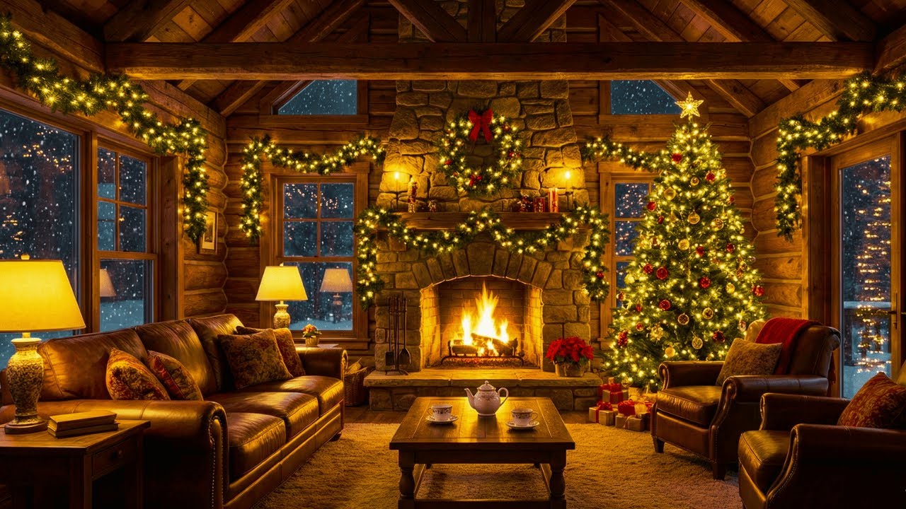 Serene Christmas Music 🎄 Warm Fireplace Glow & Peaceful Snowfall Ambience