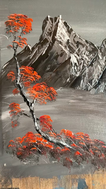 Mt fishtail ! Black and white mountain with red tree #art #bobross #artist