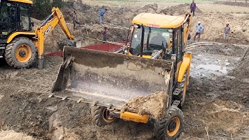 TWO JCB Backhoe Machine Working For Bridge Construction-Bridge Foundation Construction in Water. - 4
