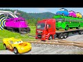 Flatbed Trailer Truck Rescue Bus - Cars vs Deep Water - Cars vs Rails and Trains - BeamNG Drive